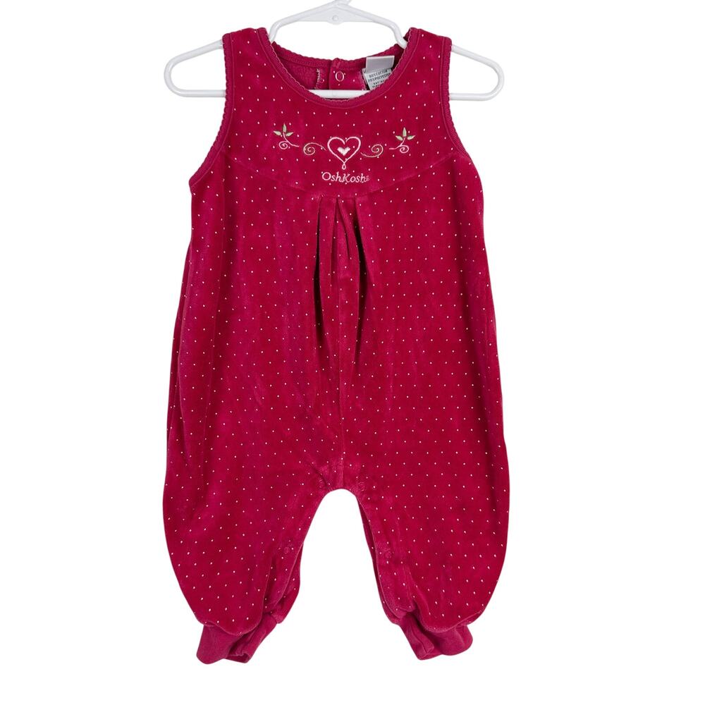 Vtg 90s OshKosh B'Gosh Velvet Jumpsuit Polka Dot Heart Pink - 6-9 Months
